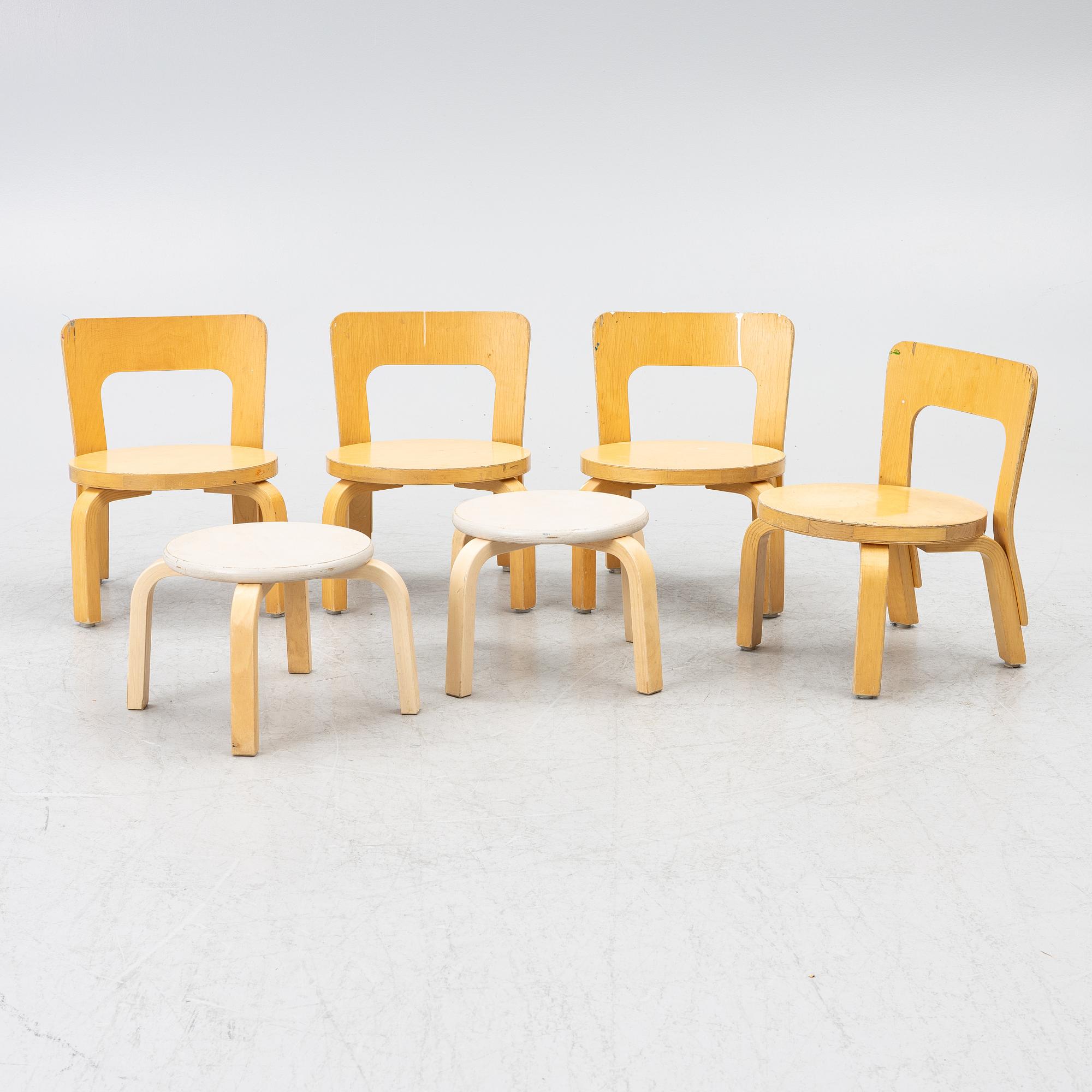 Alvar Aalto, barnstolar, 4 st + 2 pallar, Artek, Finland.