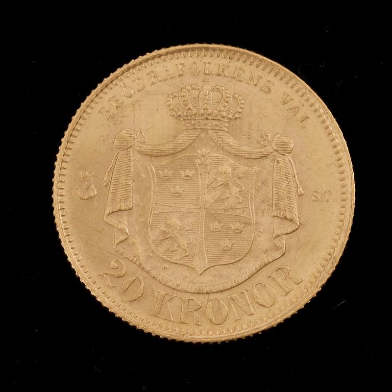 GULDMYNT, 20 Kronor, Oscar II, Sverige-Norge 1873. Vikt ca 8 gram.