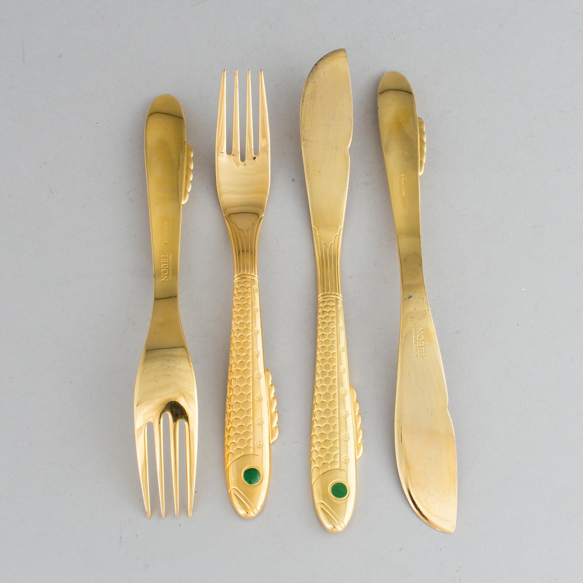 GUNNAR CYRÉN, fish cutlery, 28 pieces, gilt steel, "Nobel", Gense/Yamazaki.