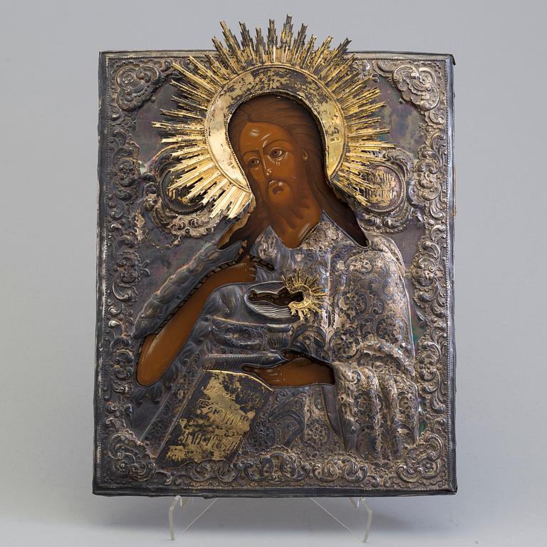 A St John the Baptist icon parcel-gilt rizza, unidentified maker's mark Ogonikov (Огоньковъ), Riga, 1859.