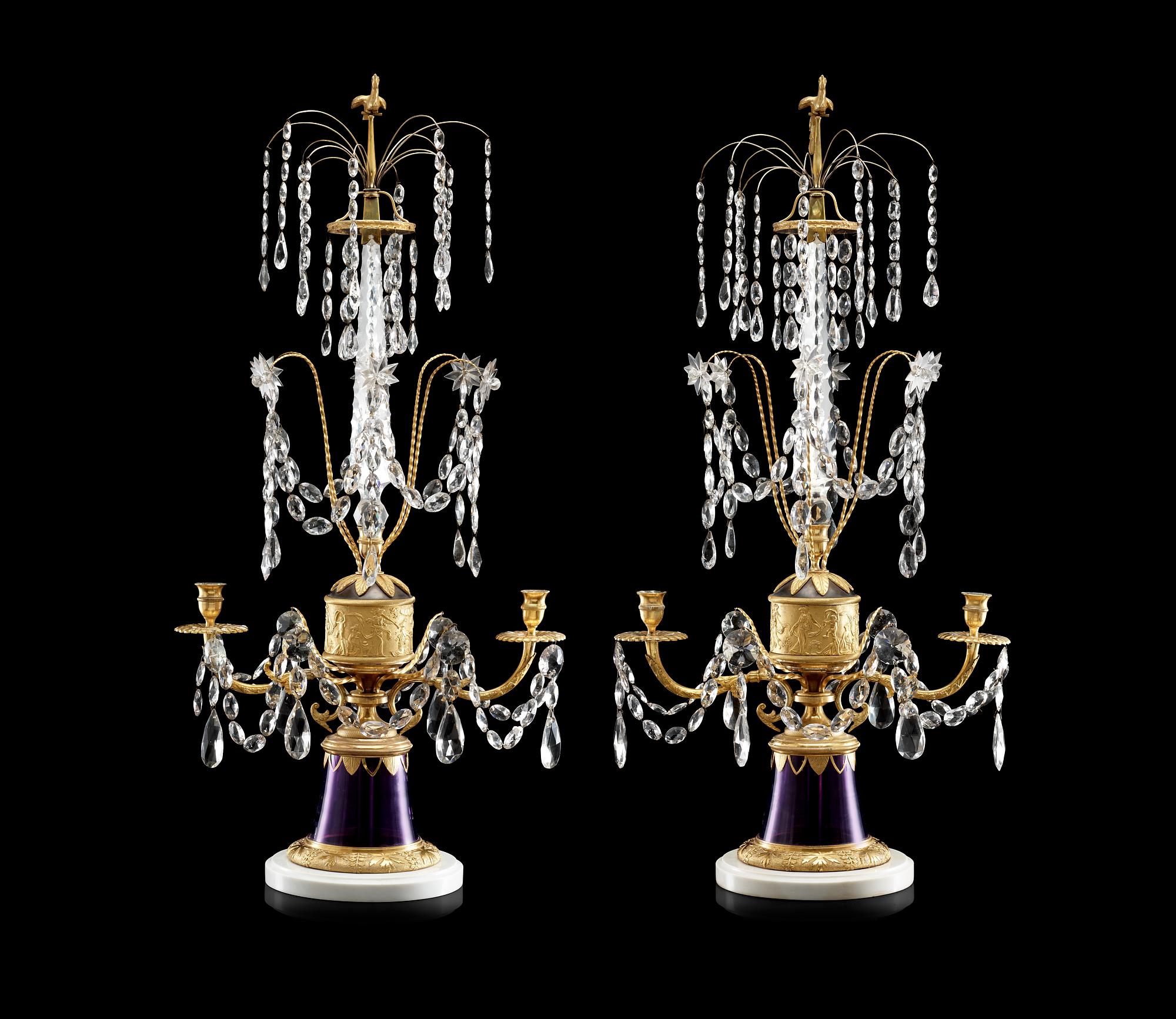 A pair of Russian Empire-style circa 1900 two-light girandoles.