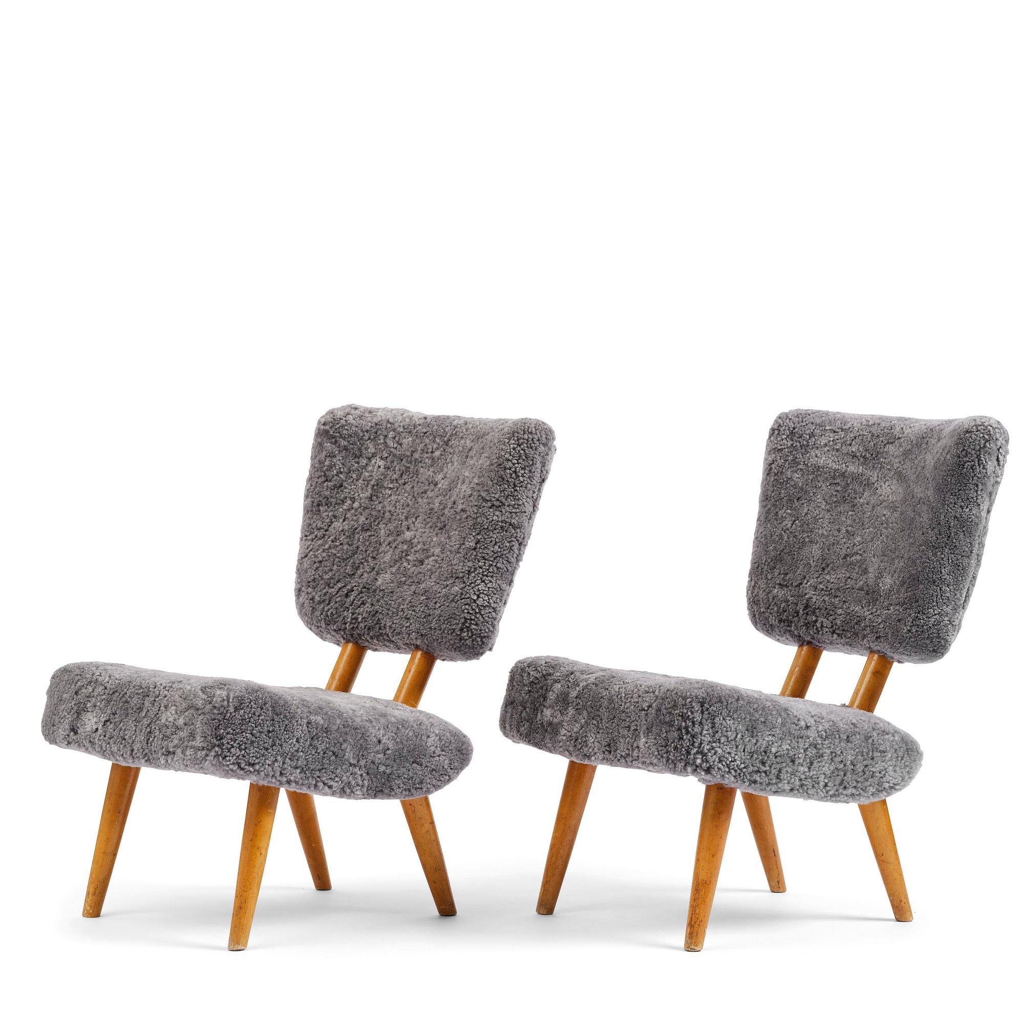 A pair of sheepskin lounge chairs, Norway, 1940s.