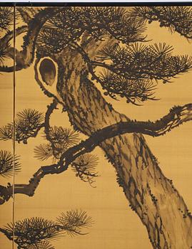 A Japanese two fold screen, Byobu, early 20th century, by unknown artist, signature perhaps to be read as Sakuho.