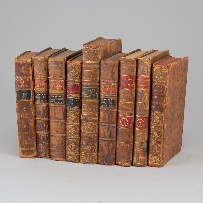 Nine leatherbound 18th century books.