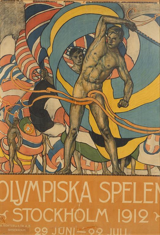 Olle Hjortzberg, litografiskaffisch, Olympiska Spelen Stockholm 1912.