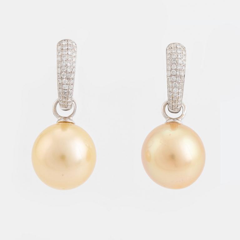 South sea pearl and brilliant cut diamond earrings.