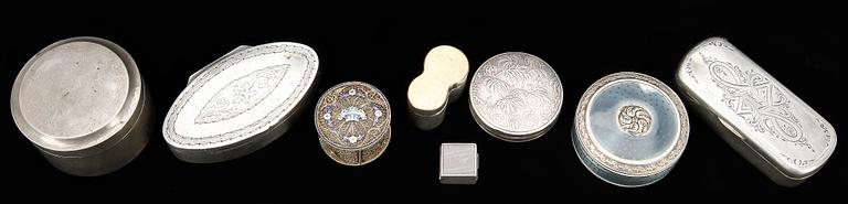 PARTI DOSOR, 8 st, silver, olika nationaliteter, 1800-1900-tal. Total vikt ca 437 g.