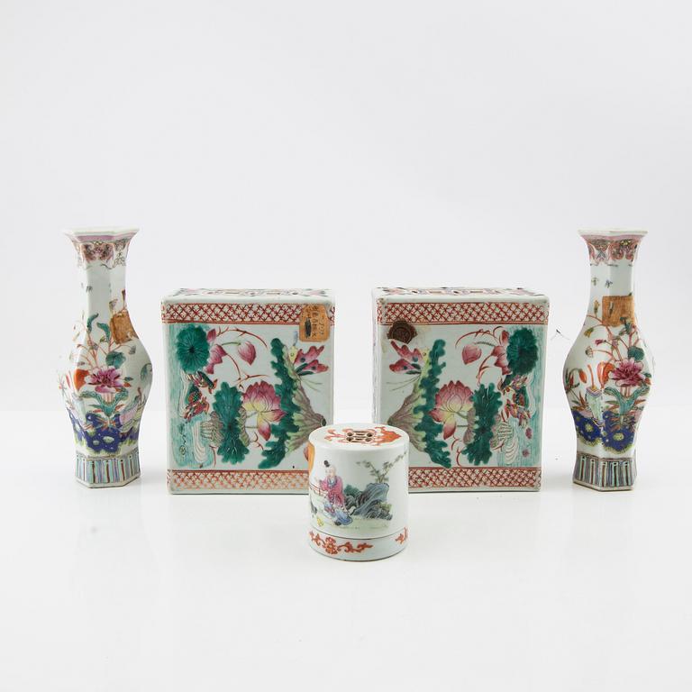 Vases a pair, cushions a pair, and incense burners China (5 pcs) late 19th century/early 20th century porcelain.