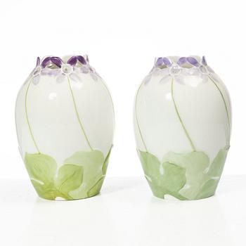 Alf Wallander, attributed to, vases, a pair, porcelain, Art Nouveau, Rörstrand, circa 1900.