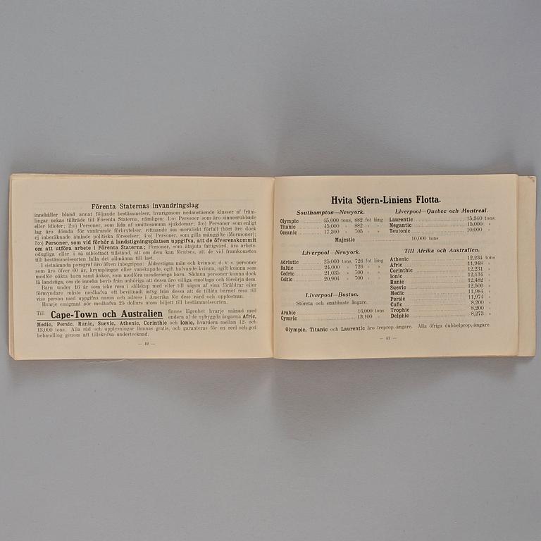 BROSCHYR. "HVITA STJERN LINIEN", "WHITE STAR LINE", "OLYMPIC & TITANIC". 45,000 TONS-VARDERA. GENERALAGENT CARL ERIKSSON.