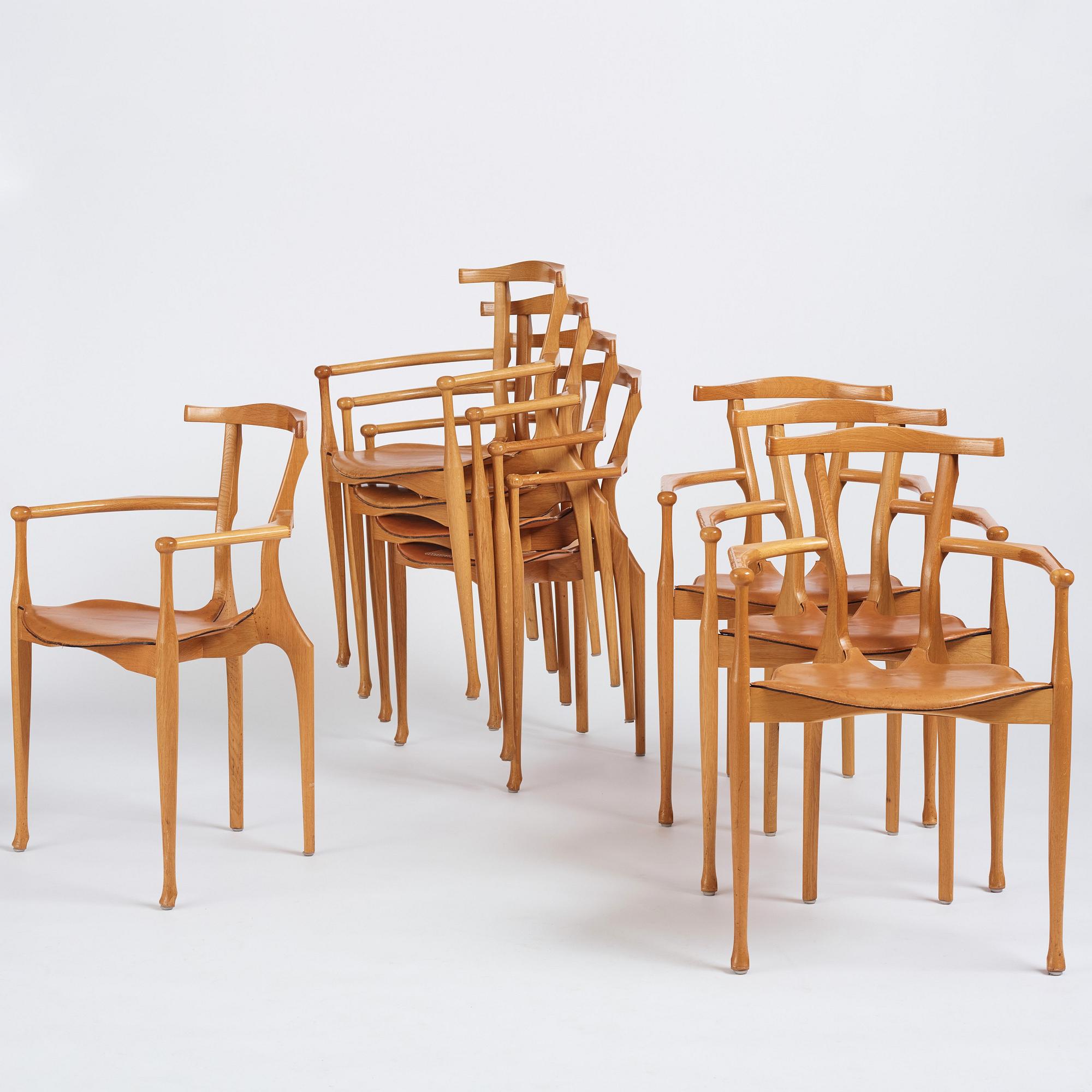 Oscar Tusquets Blanca, a set of 8 oak chairs, "The Gaulino Chair", Carlos Jane, Spain, first edition ca 1987-1988.