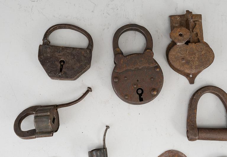 10 iron locks and fittings, mostly 19th century.