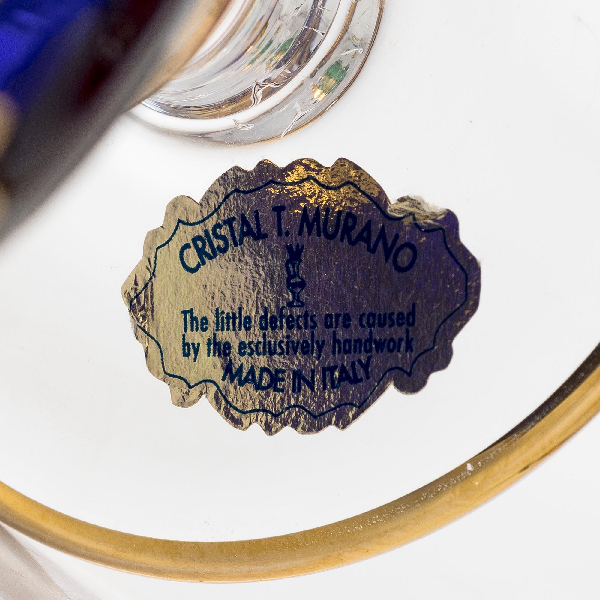 A set of six late 20th century Murano glasses, Italy.