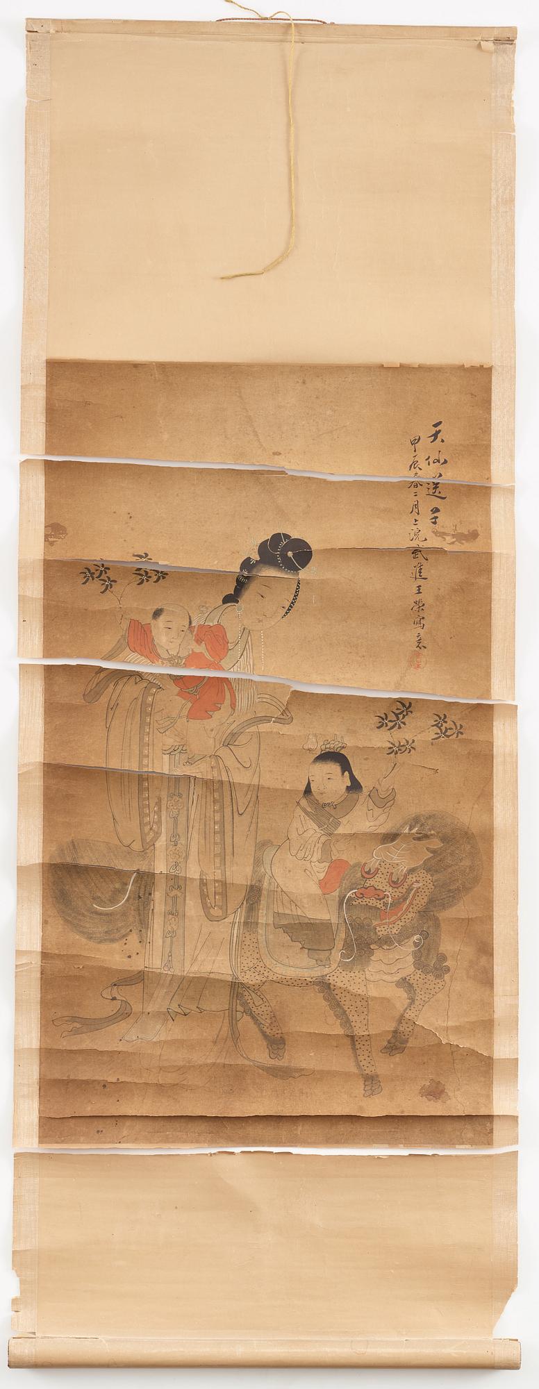 RULLMÅLNING, av Wang Rong. "Tian Xian Songzi", signerad samt daterad 1904.