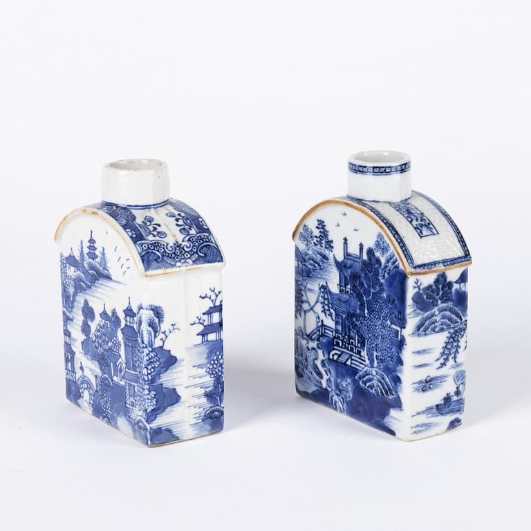 Two blue and white tea caddies, 18th century, and three blur and white lidded boxes, 19th century, China.