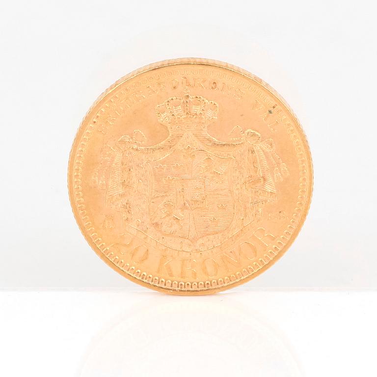 GULDMYNT, 20 kronor, Oscar II av Sverige och Norge 1890. Vikt ca 9 gram.