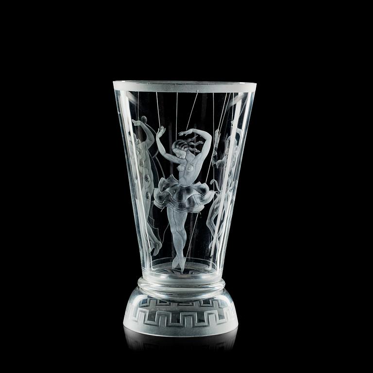 A Vicke Lindstrand engraved glass vase, Orrefors 1931.