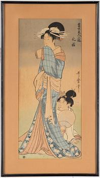 Three UTAMARO KITAGAWA (c.1753-1806) color woodblock prints, Japan, Beauties.