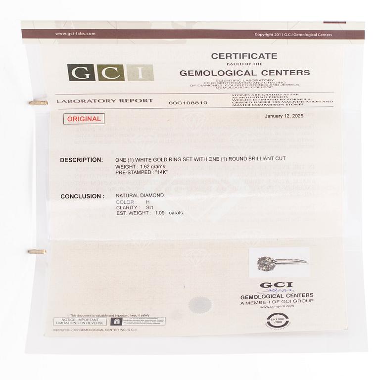 Sormus, briljanttihiottu timantti, 14K valkokulta.