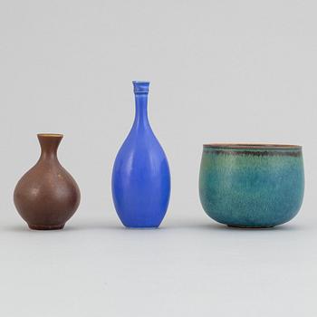 Stig Lindberg, a stoneware vase and a bowl and Berndt Friberg, a stoneware vase for Gustavsberg.