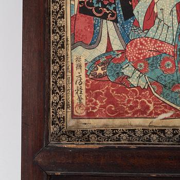 Two Chinese hardwood screens with Japanese woodblock prints, around 1900.