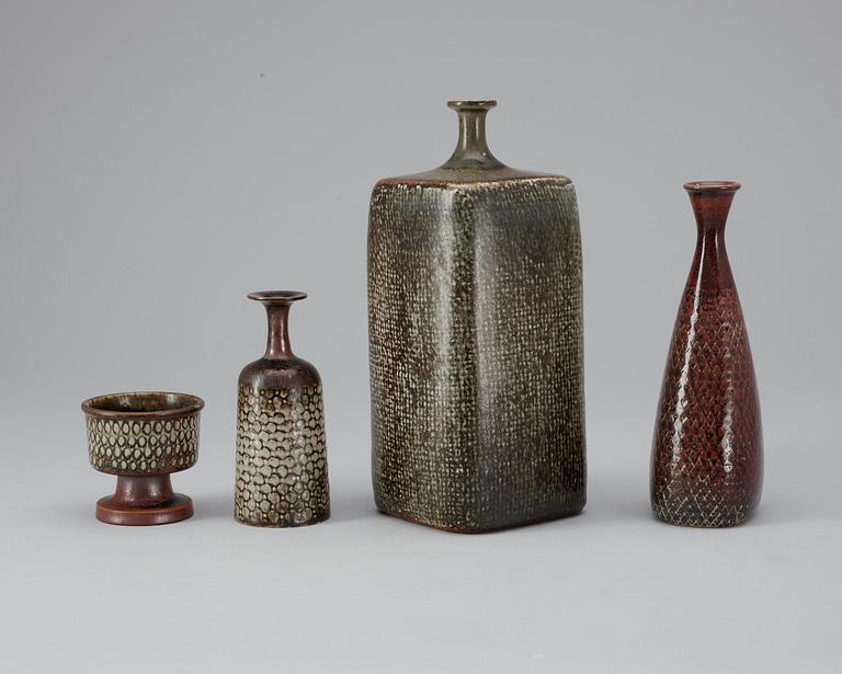 A set of three Stig Lindberg stoneware vases and a bowl, Gustavsberg studio 1965-68.