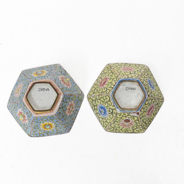 A set of six Chinese enamel on copper bowls and a dish, Qing dynasty and 20th century.