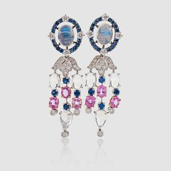 1281. A pair of moonstone, pink and blue sapphire and diamond, circa 0.83 ct in total, earrings.