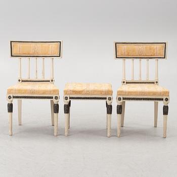 A pair  chairs and a stool, late-gustaivan style, J.O. Nyström Möbleringsaffär, Sweden, 20th century.