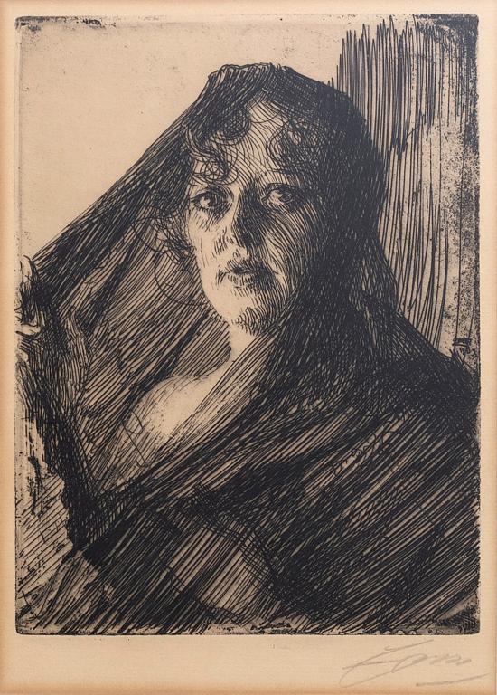 Anders Zorn, etsning, 1909, signerad.