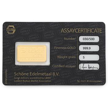 Gold bar, 999.9, “Drottningsholm”, Schöne Edelmetaal.