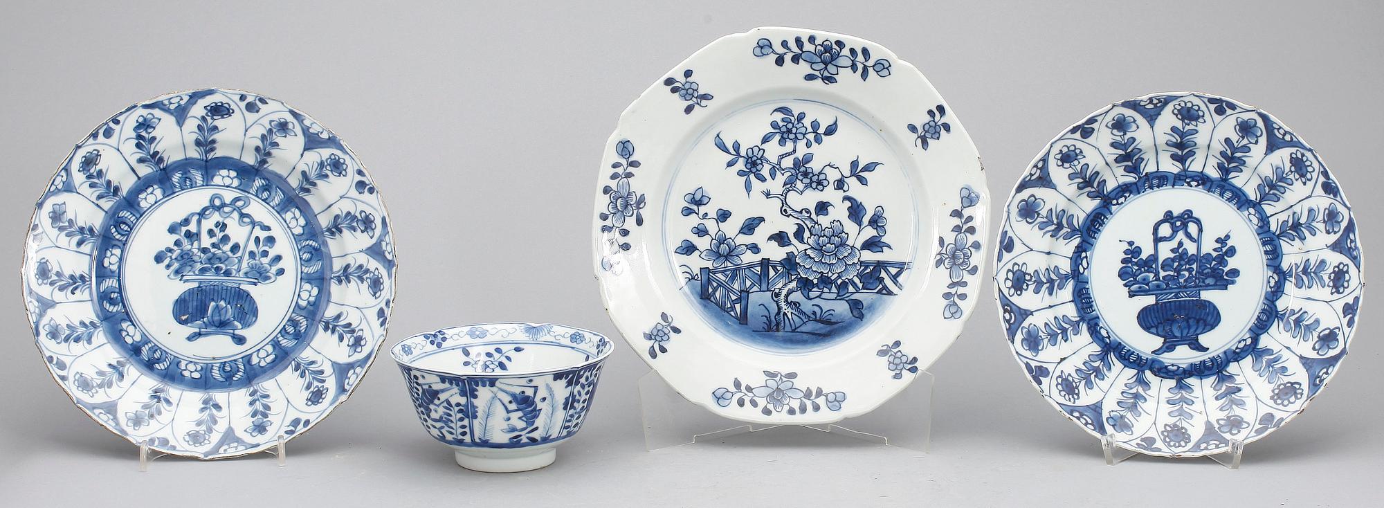 TALLRIKAR OCH SKÅL, 3+1st, porslin, Kina, Kangxi (1662-1722) resp kangxistil sent 1800-tal.