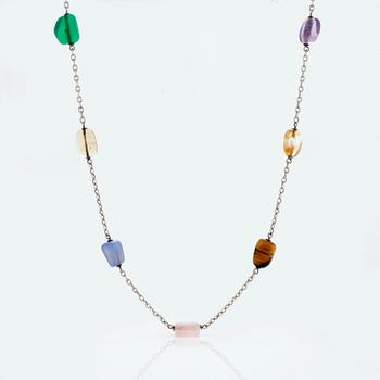 A silver necklace and bracelet set with polished, multi-coloured stones.