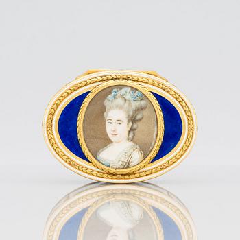 Charles Le Bastier, dosa, guld en deux colour och emalj, med miniatyr, Paris 1776-1777, Louis XVI.