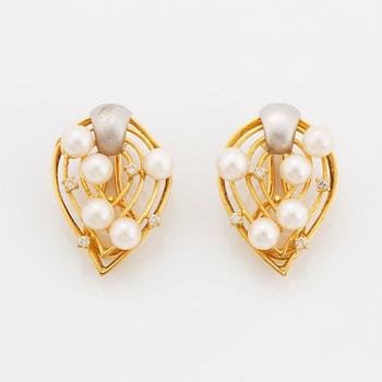 Pearl and brilliant-cut diamond earrings.