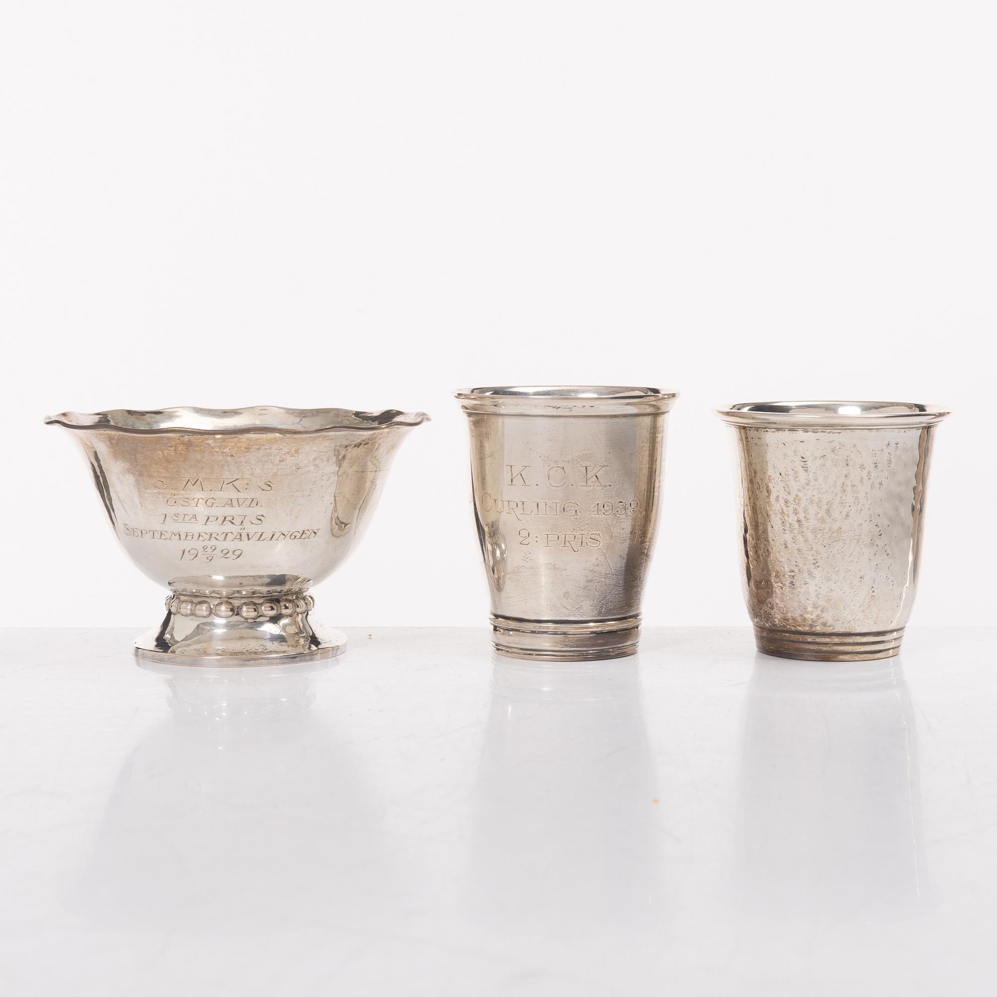 Trophies/cups and bowl, 6 pcs, silver, Sweden and Denmark, including K Anderson, Stockholm 1925.