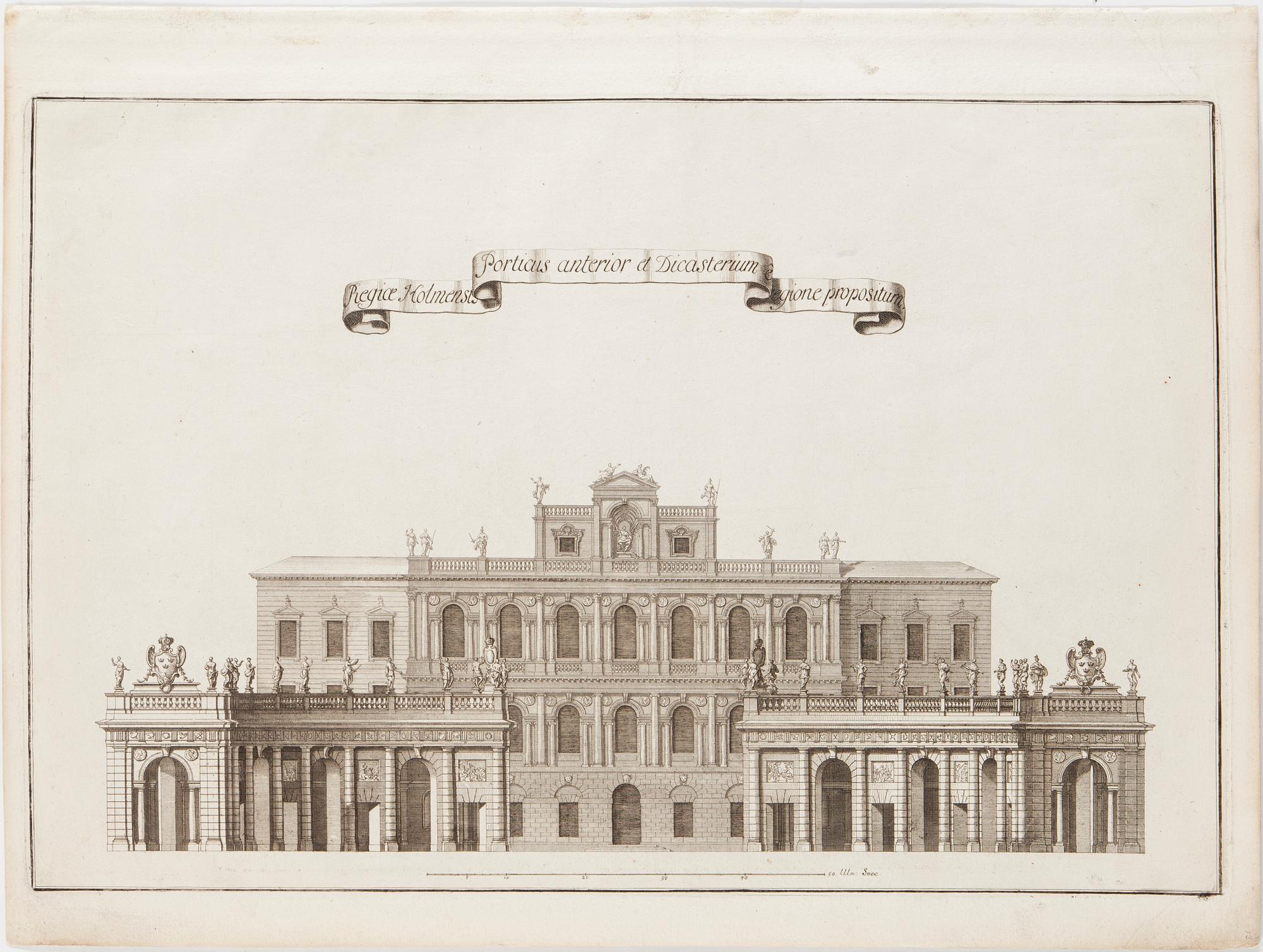 SÉBASTIEN LE CLERC, efter Niccodemus Tessin d.y. 1695, kopparstick, 2st, 1700-tal.