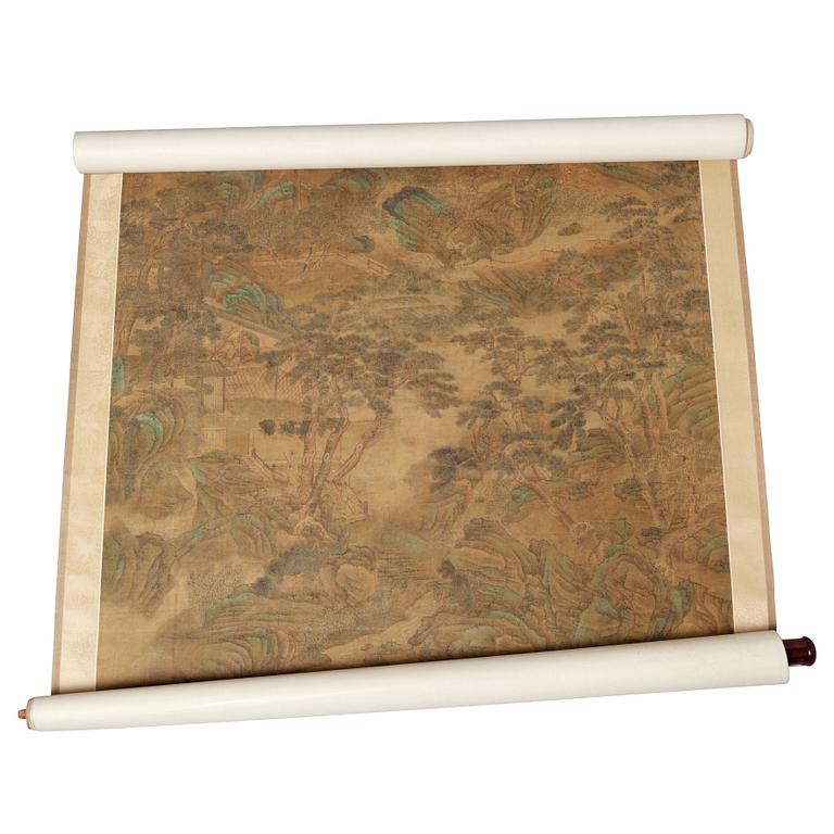 A hanging scroll of a landscape in the style of  Wen Zhengming (1470-1559), Qing Dynasty, presumably 18/19th Century.