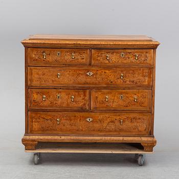 A Swedish root veneered late baroque chest of drawers, first half of the 18th century.