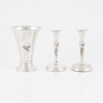 A vase and a pair of silver candlesticks by Meya Lerible for Mema, 1990's/2000's.