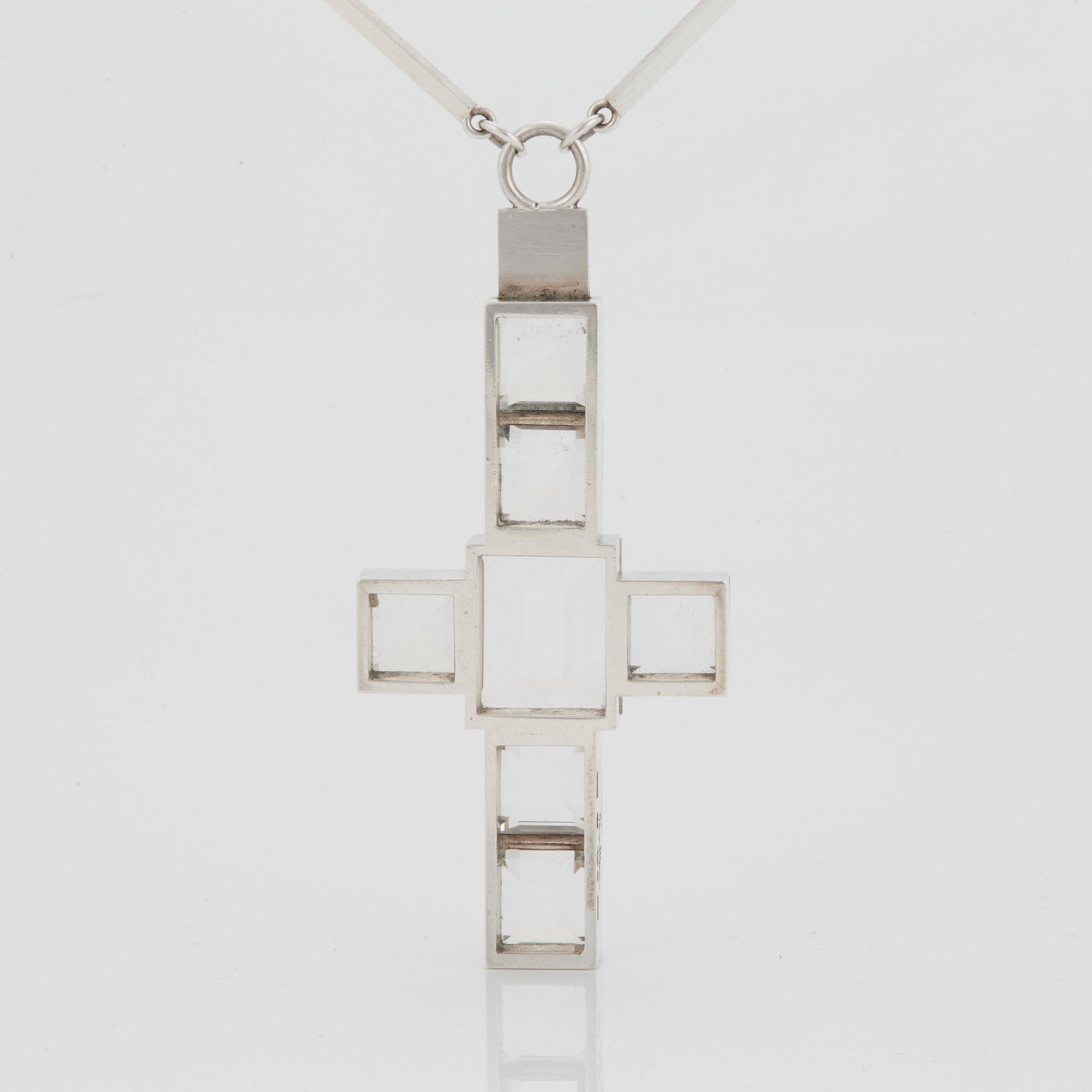 Wiwen Nilsson, a necklace with cross-shaped pendant, sterling with facet cut rock crystals, Lund Sweden 1938.