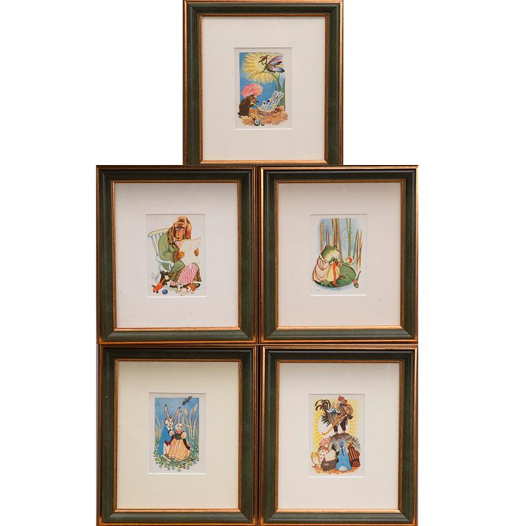 KONSTVYKORT, 5 st, efter Tove Jansson, 4 med synlig signering i trycket, Taidekorttikeskus 1940-tal.