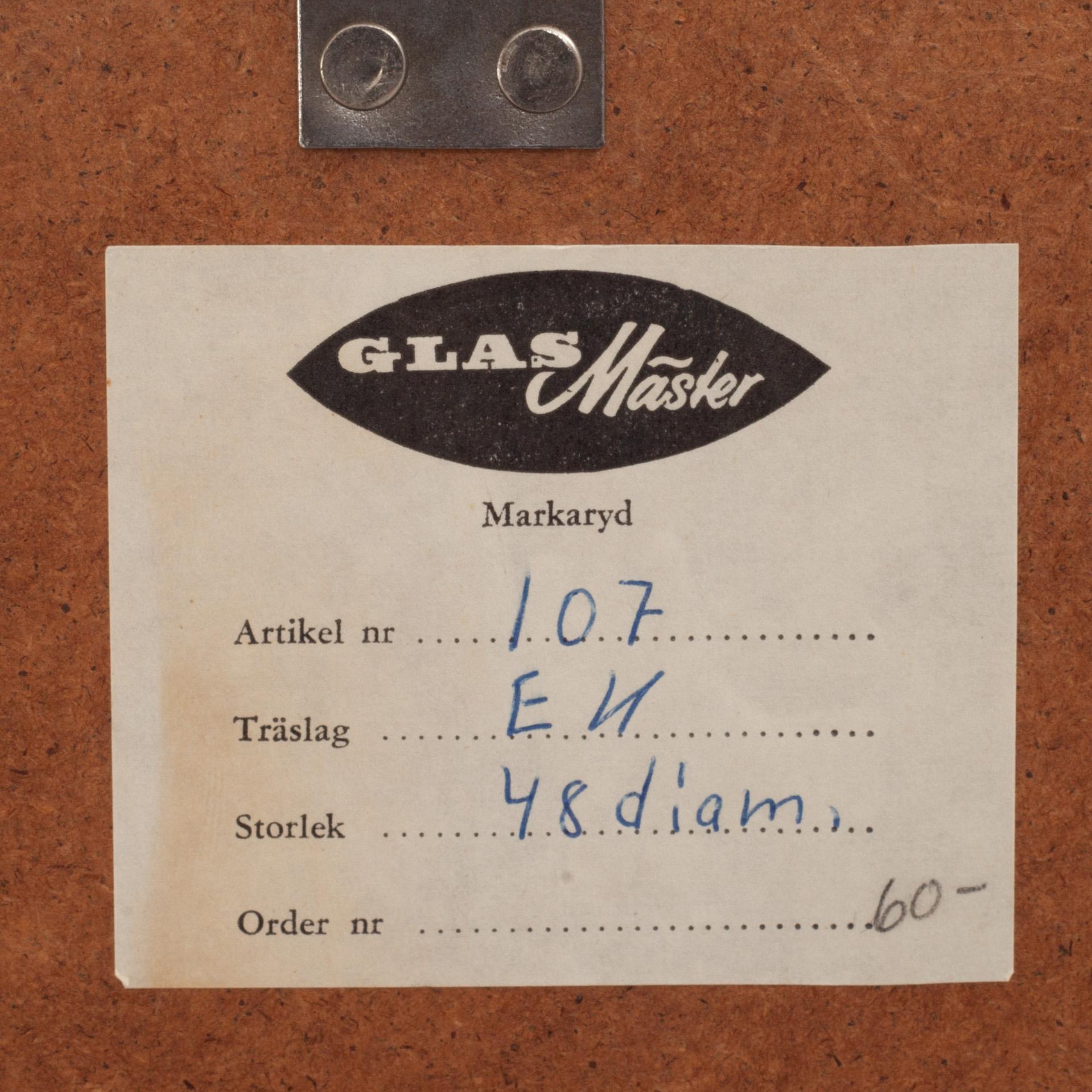 SPEGEL, Glasmäster, Markaryd, etikettmärkt.