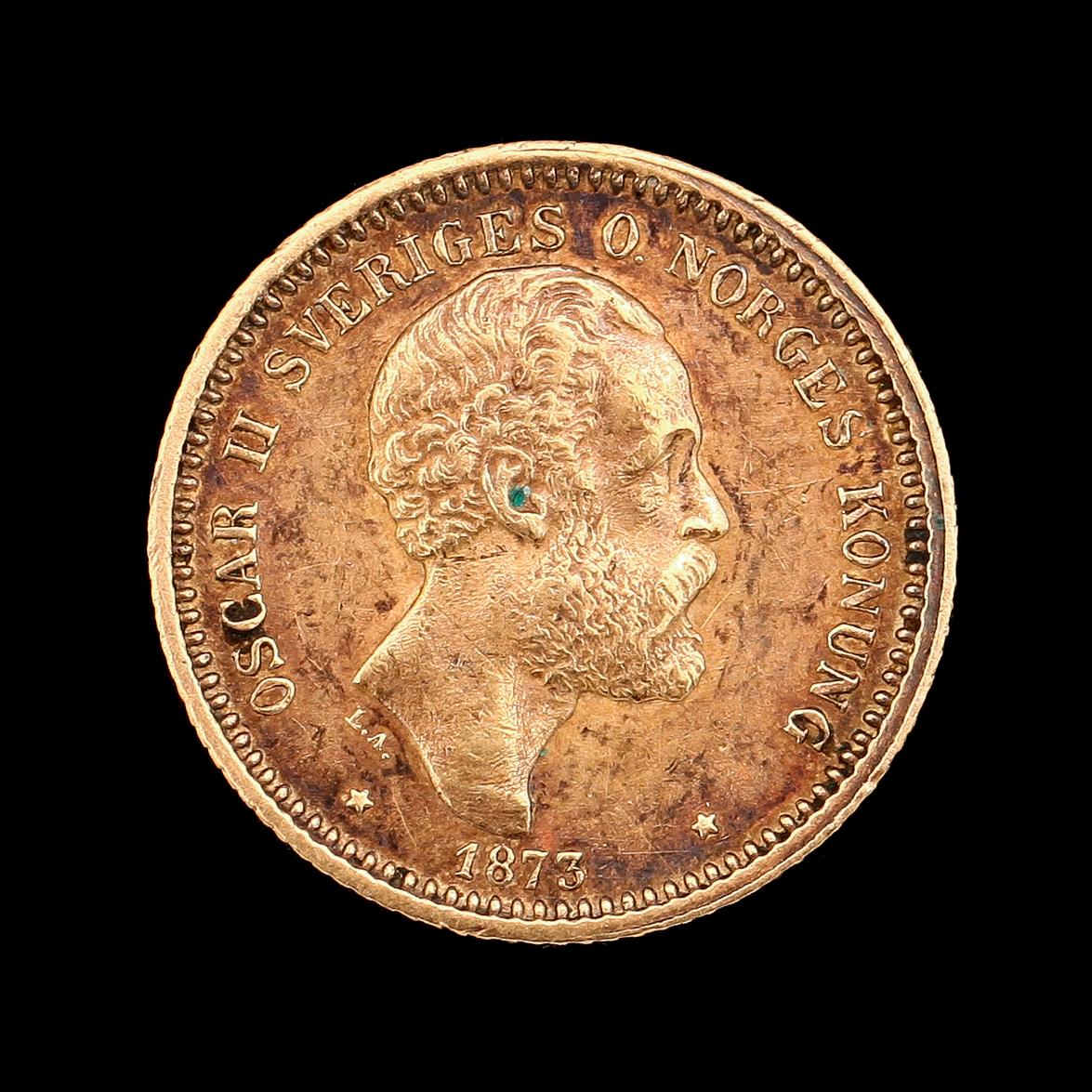 GULDMYNT, 10 kronor, Oscar II, 1873. Vikt ca 5 g.
