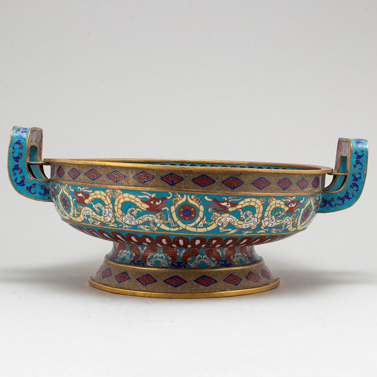 A large Chinese cloisonne footed bowl with handles, 20th century.