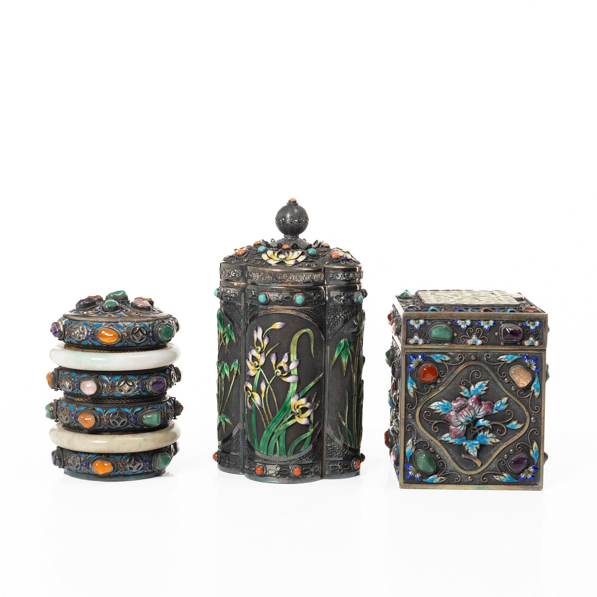 Three enamel and silver boxes, Tibet, first half of the 20th century.
