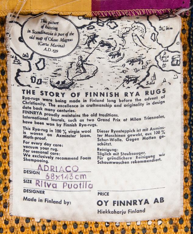 RITVA PUOTILA, ryijymatto, Finnrya. Noin 143x63 cm.