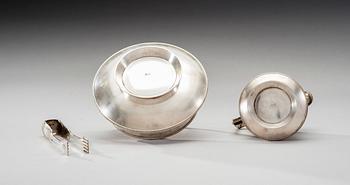 RUSSIAN SUGAR BOWL, SUGAR TONGS AND MILK JUG.