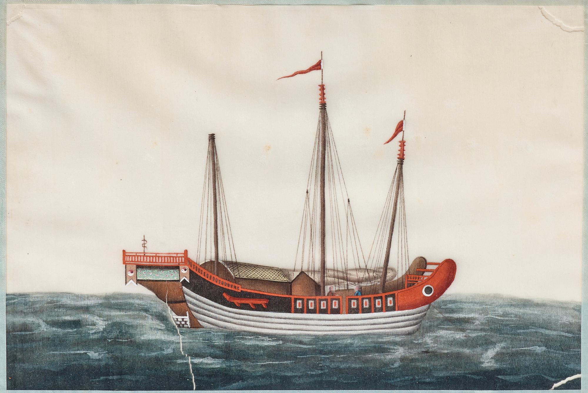 MÅLNINGAR, sex stycken, tusch och akvarell på rispapper. Kina, Qingdynastin, 1800-tal. "Djonker".