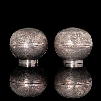 Two circular silver boxes with covers, Tang dynasty (618-906).